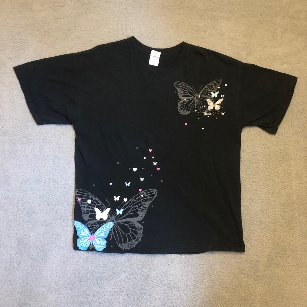 VTG Y2K‎ Style Butterfly Graphic Tee Psalm 51:10 Christian Black T-Shirt XL